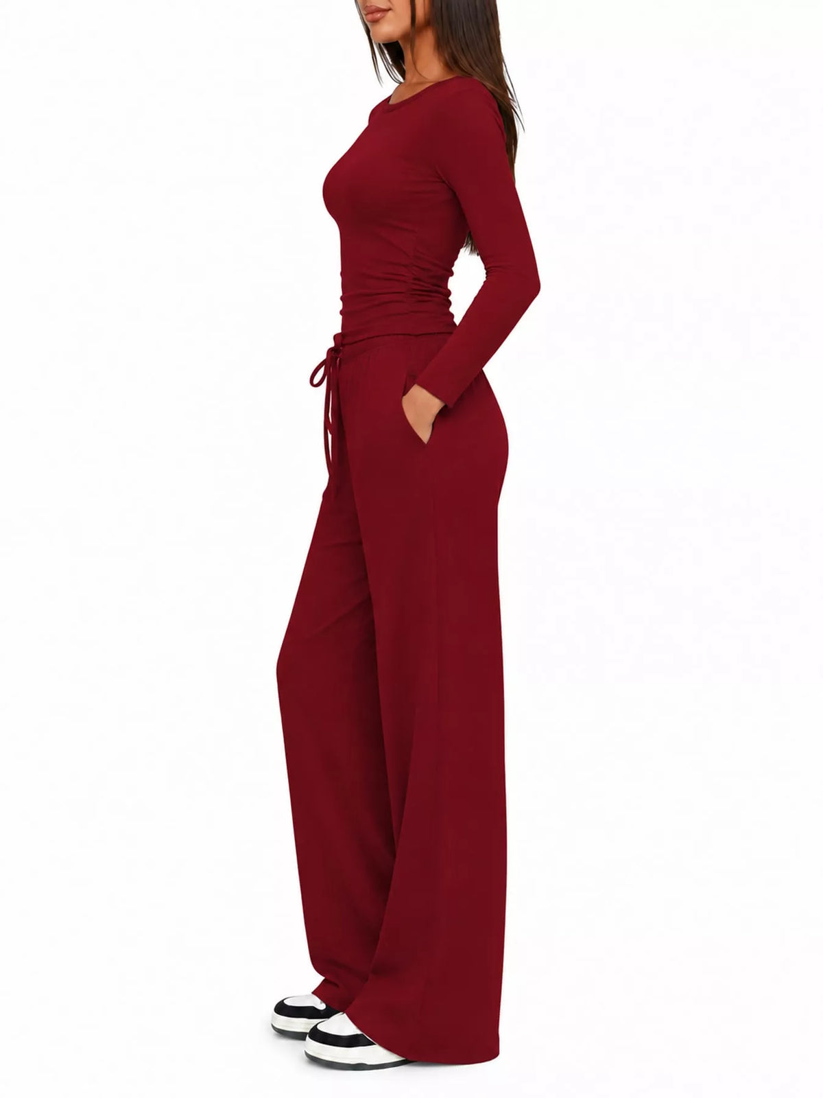 Long Sleeve Top and Wide-Leg Drawstring Pants Set — side view