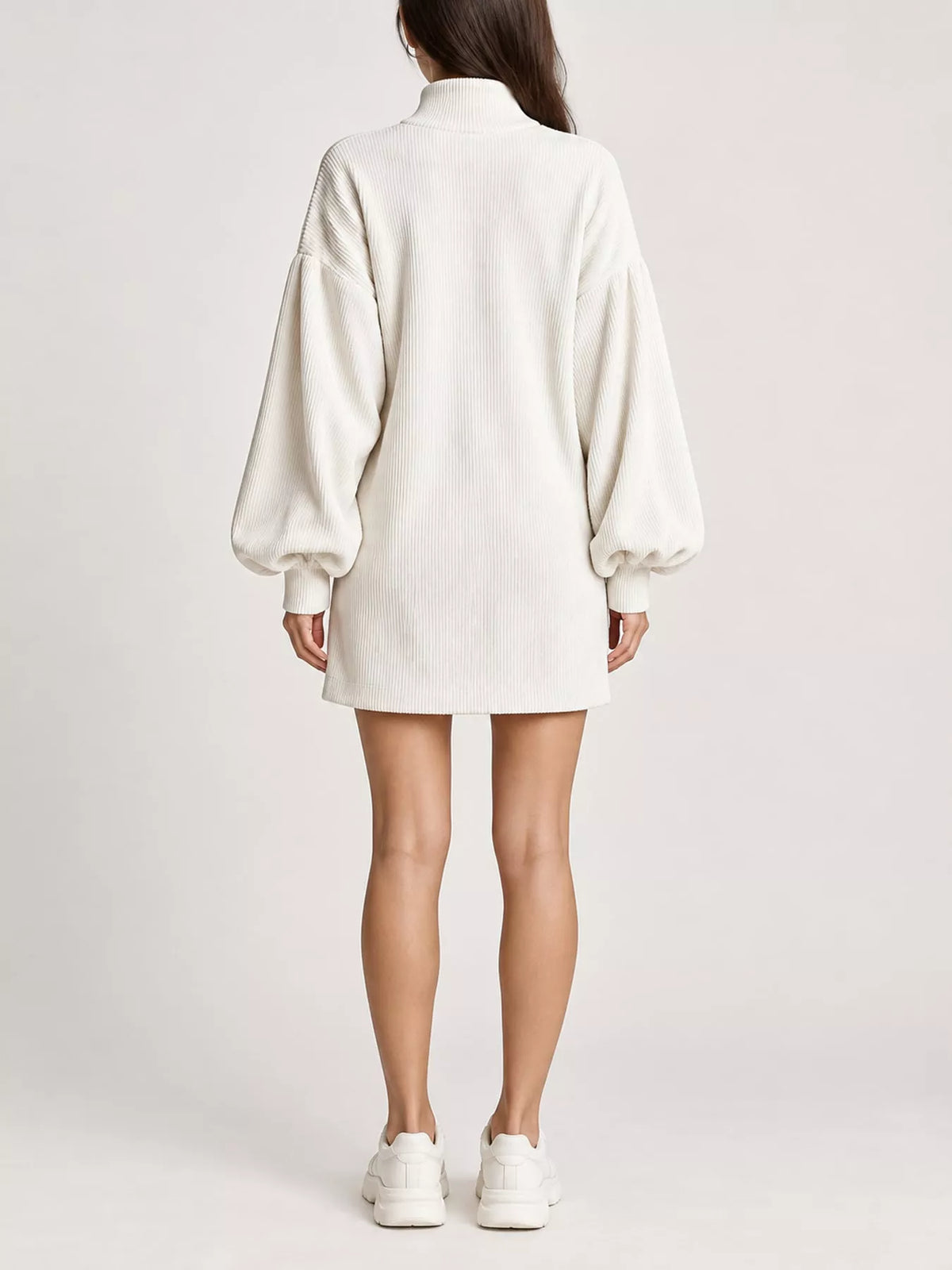 White corduroy mock neck lantern sleeve mini dress, back view