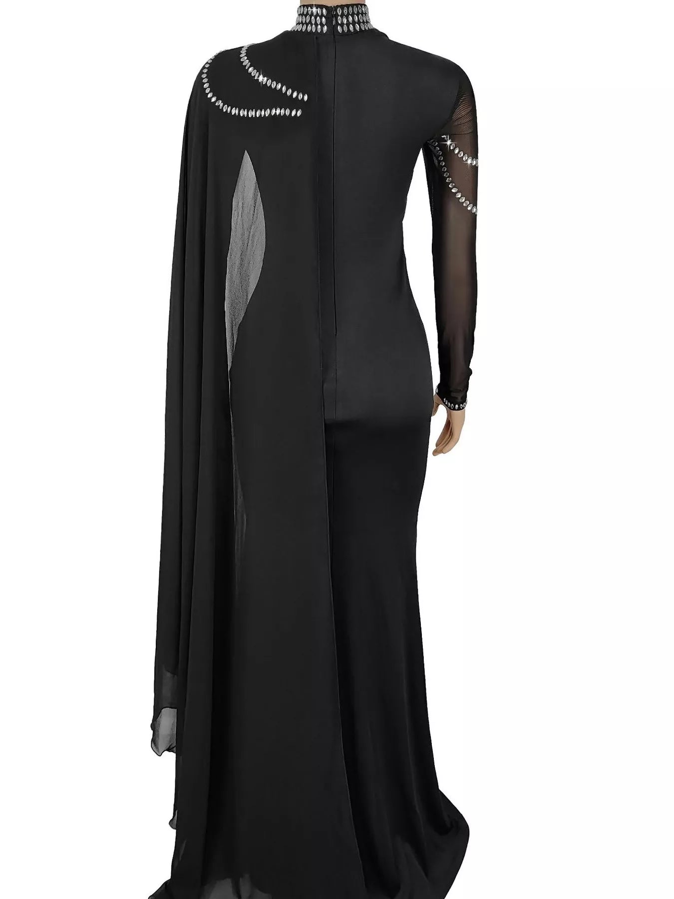 Trendsi Rhinestone Slit Maxi Dress with Sheer Cape Sleeves -
