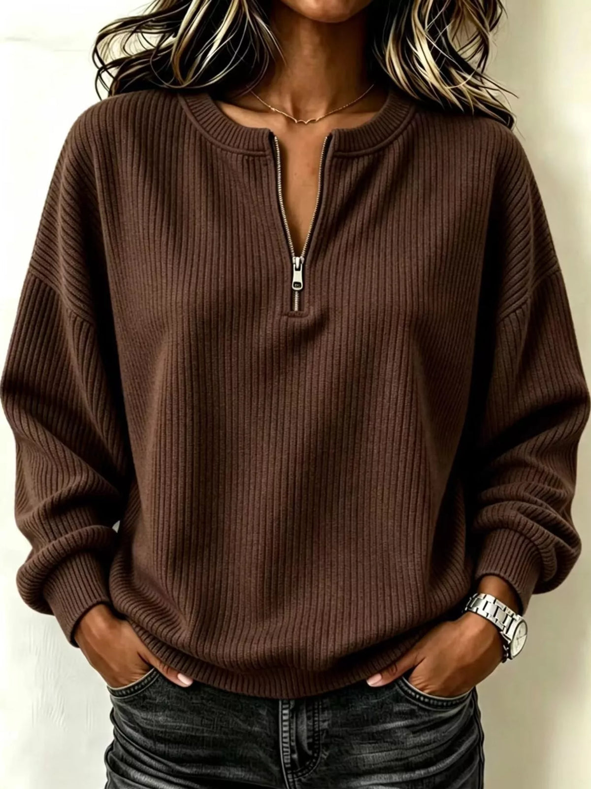 Women's Quarter-Zip Dropped Shoulder Sweatshirt in brown — front view