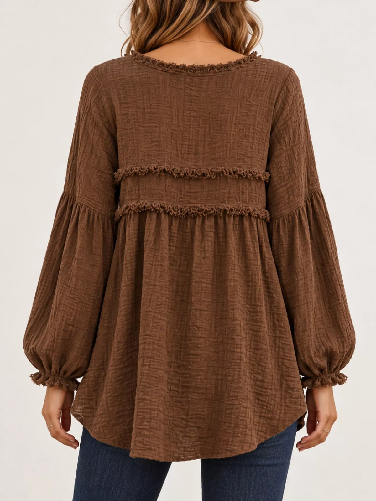 Brown textured frayed-trim peplum blouse, back view