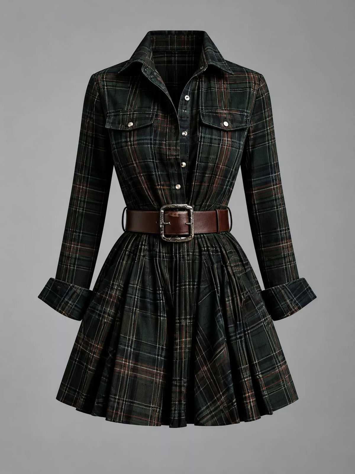 Green plaid shirt dress