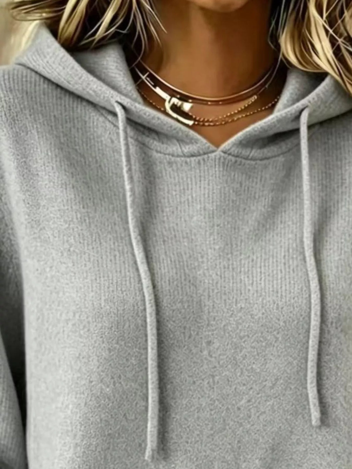 Women's Drawstring Kangaroo Pocket Hooded Sweater in gray — neckline detail view