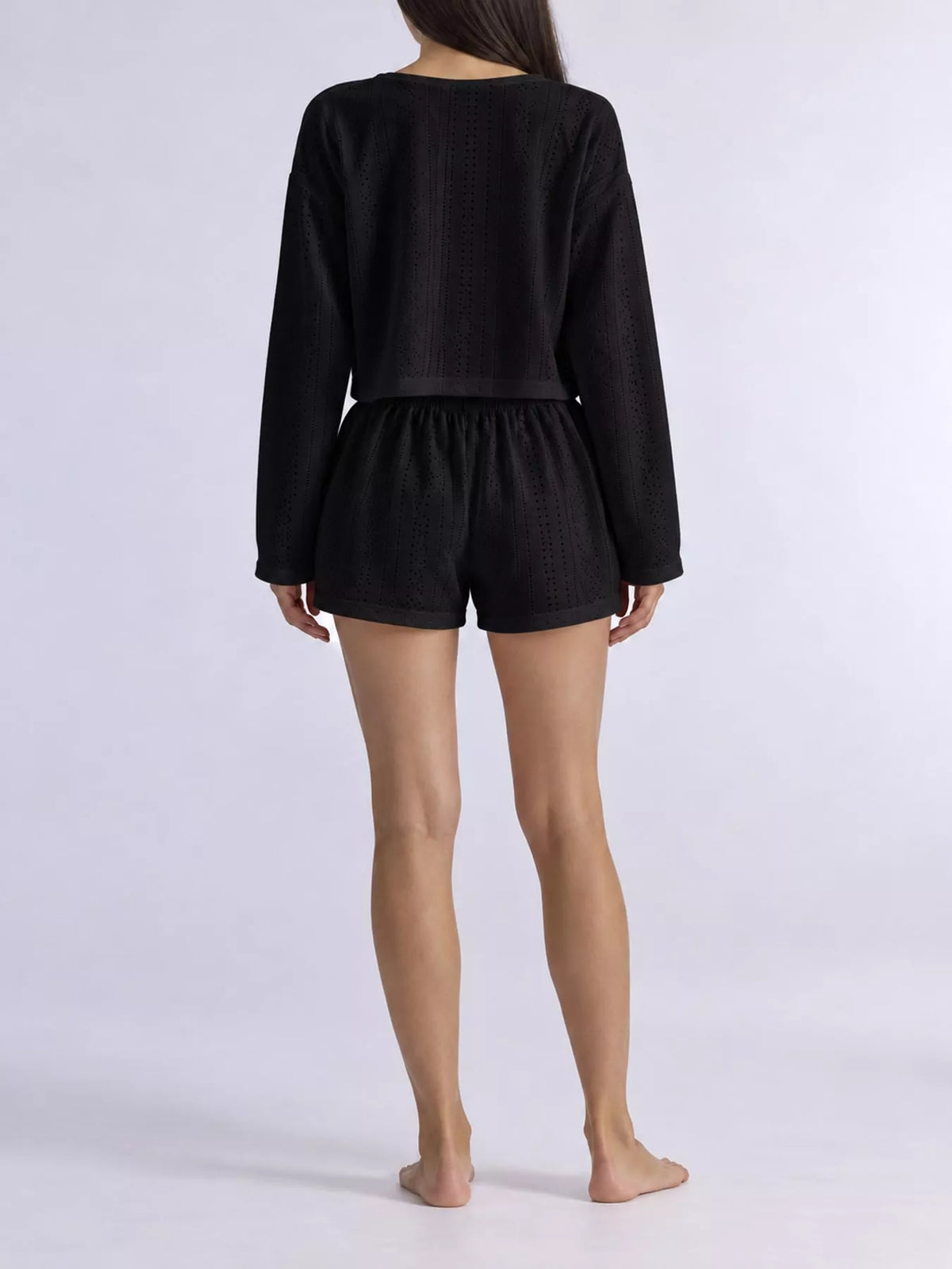 Eyelet Long Sleeve Top and Shorts Lounge Set, back view in black