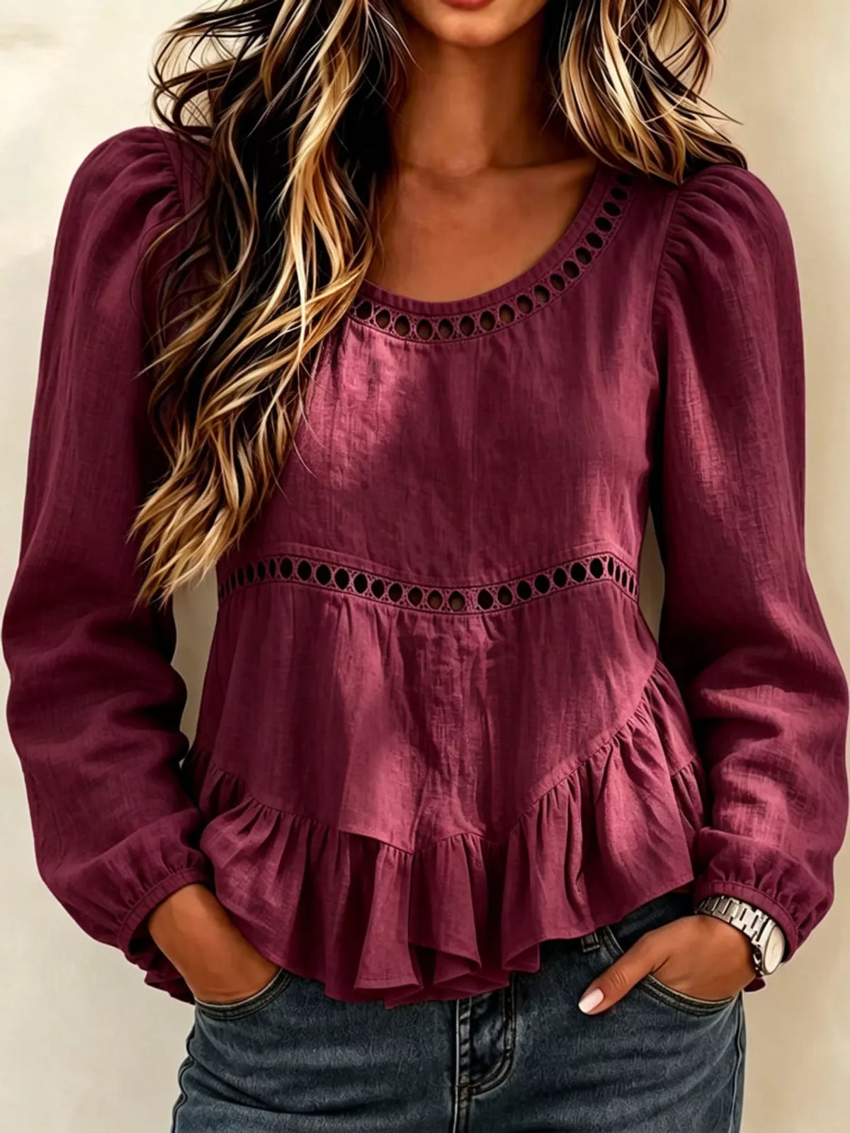 Women's Long Sleeve Blouse with Eyelet Lace Trim and Ruffled Hem in burgundy — front view