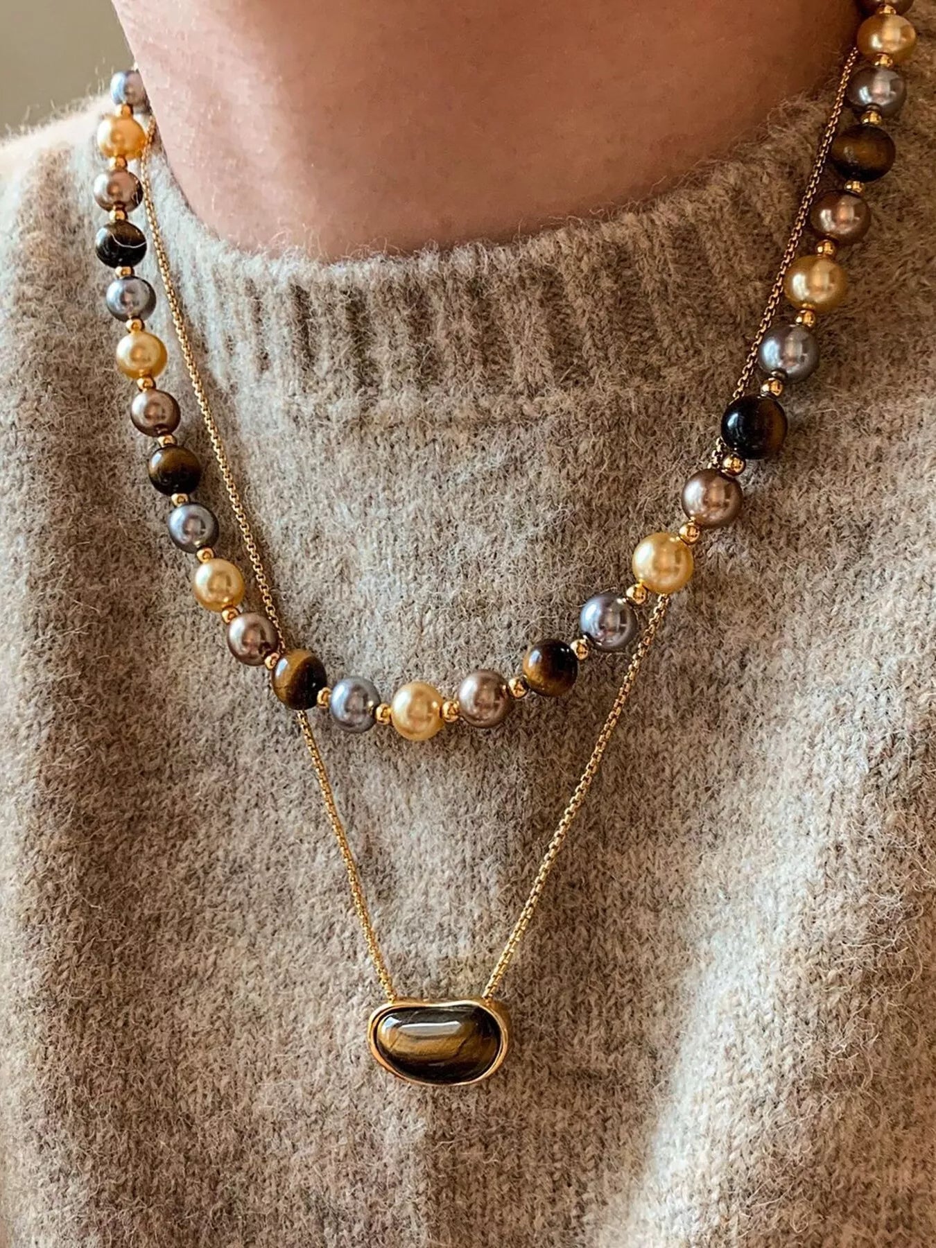 Trendsi Tiger Eye & Pearl Beaded Necklace -
