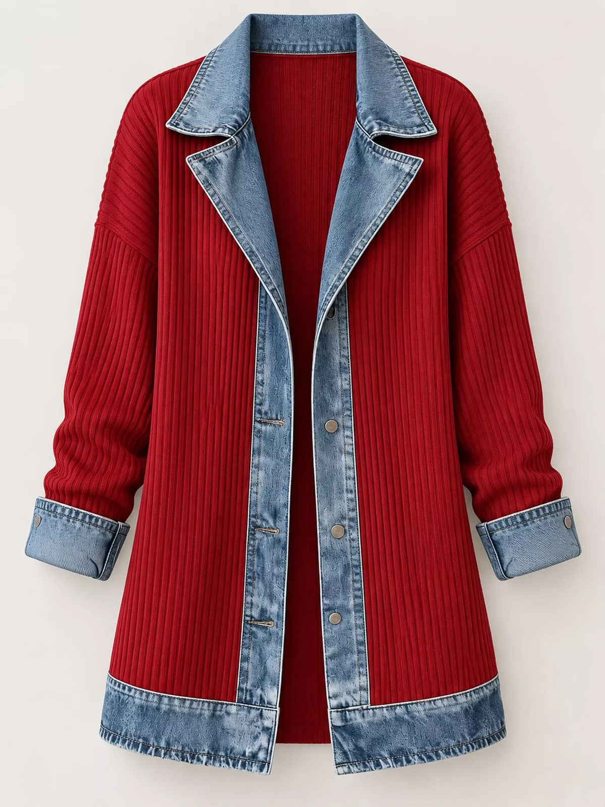 Red denim trim ribbed knit cardigan