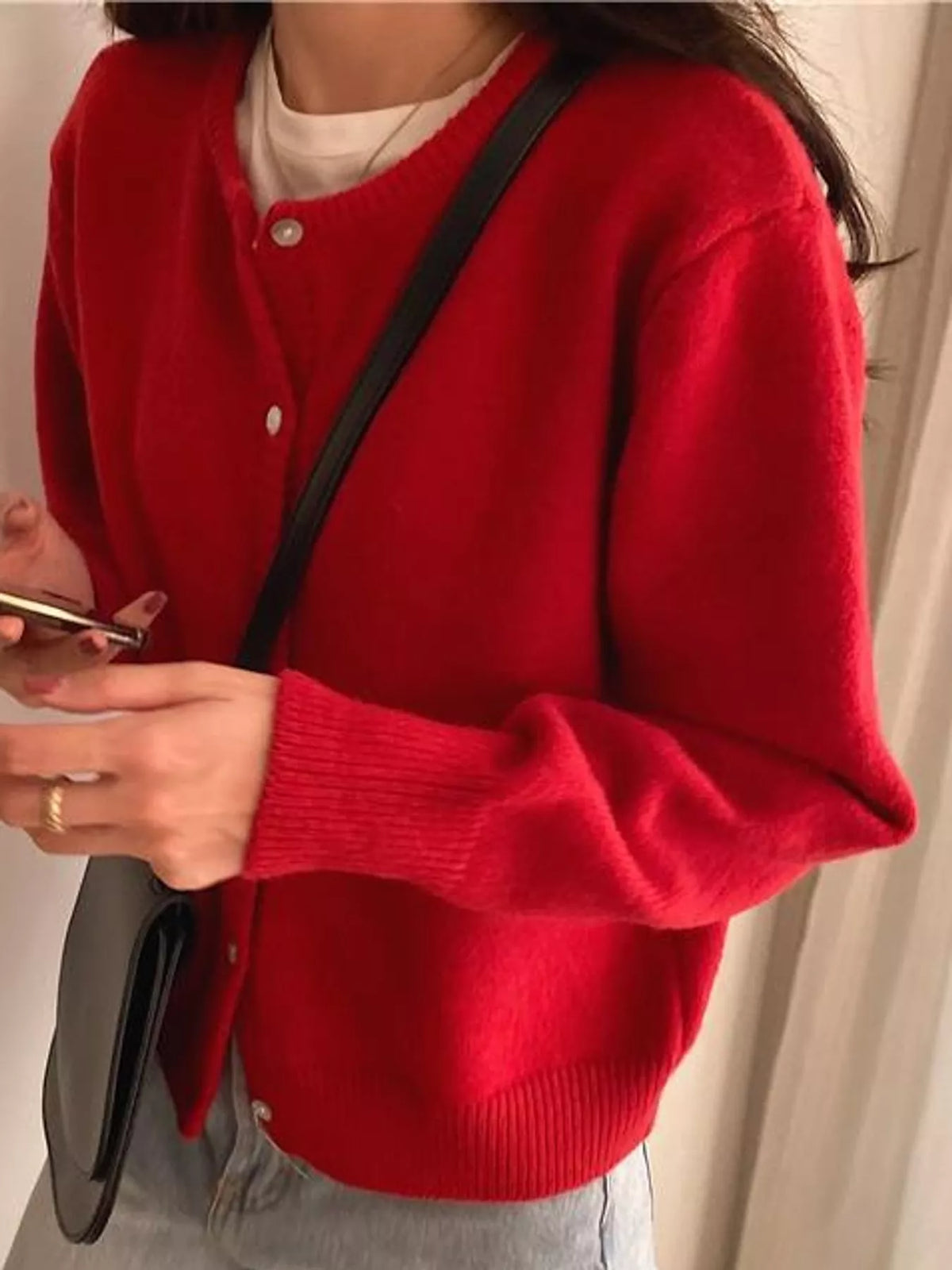 Women's Crew Neck Button-Down Knit Cardigan in red — front view