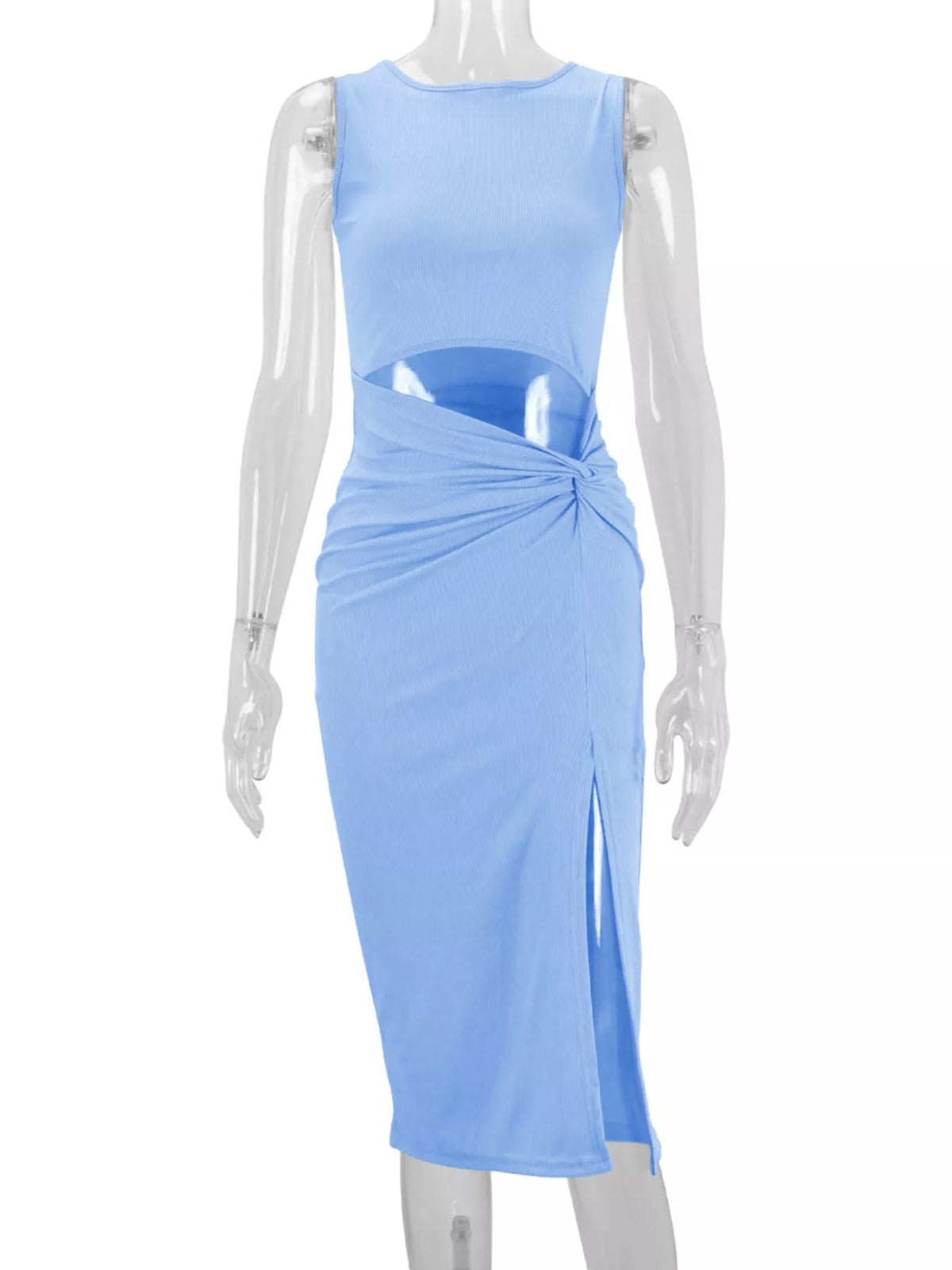 Women's Sleeveless Cut-Out Ruched High-Slit Bodycon Dress in light blue — mannequin front view