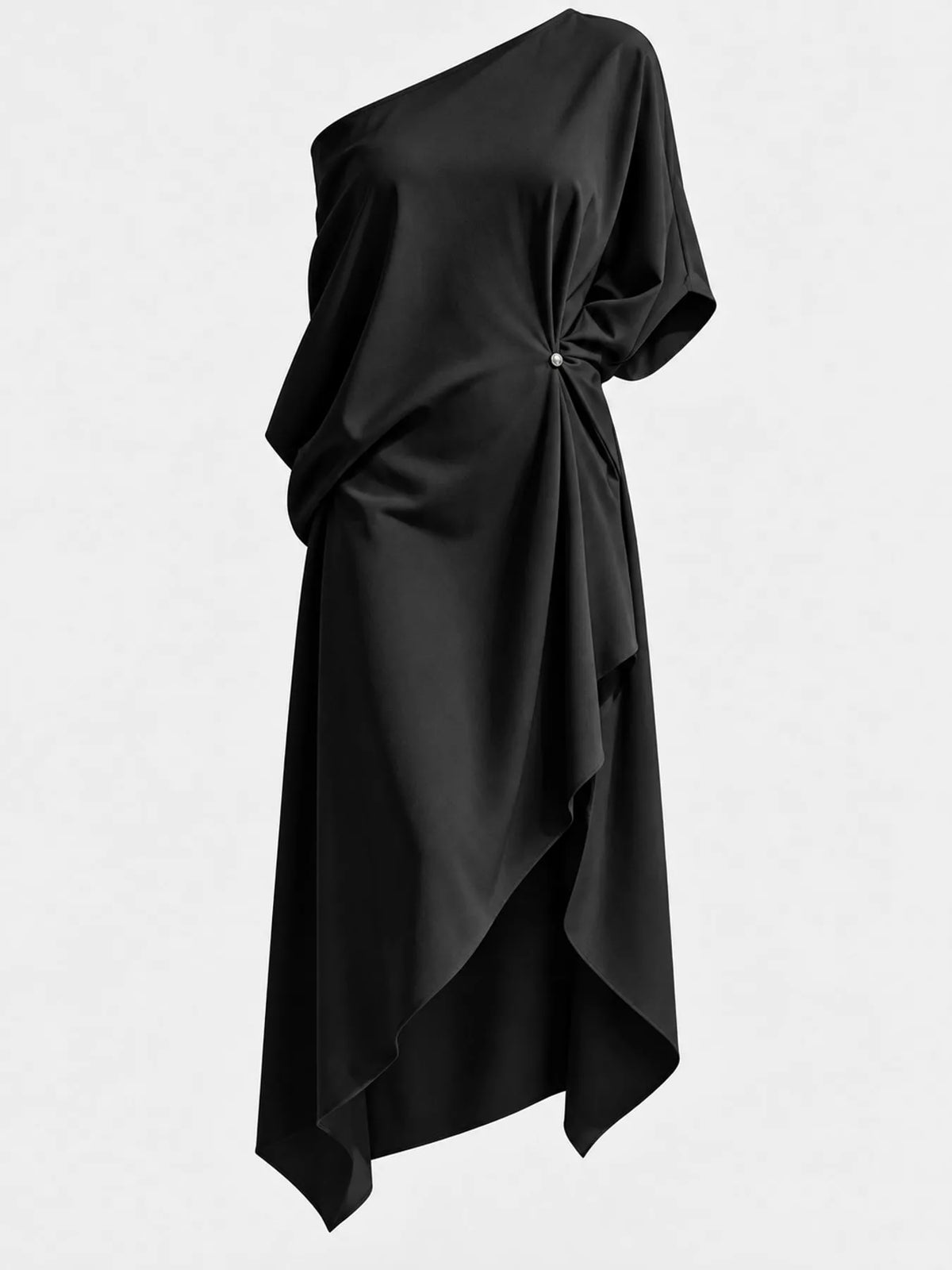 One-shoulder dress, black ruched hem detail