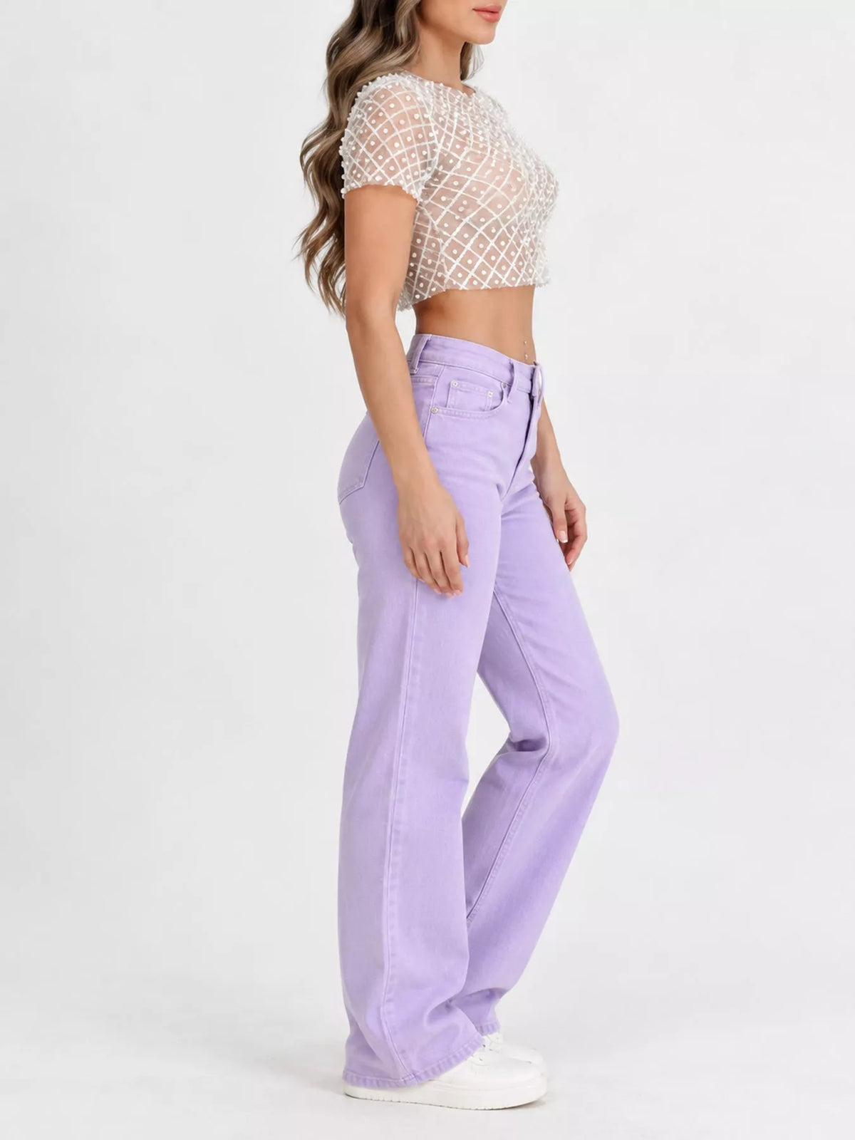Sheer Mesh Pearl Embellished Crop Blouse in white