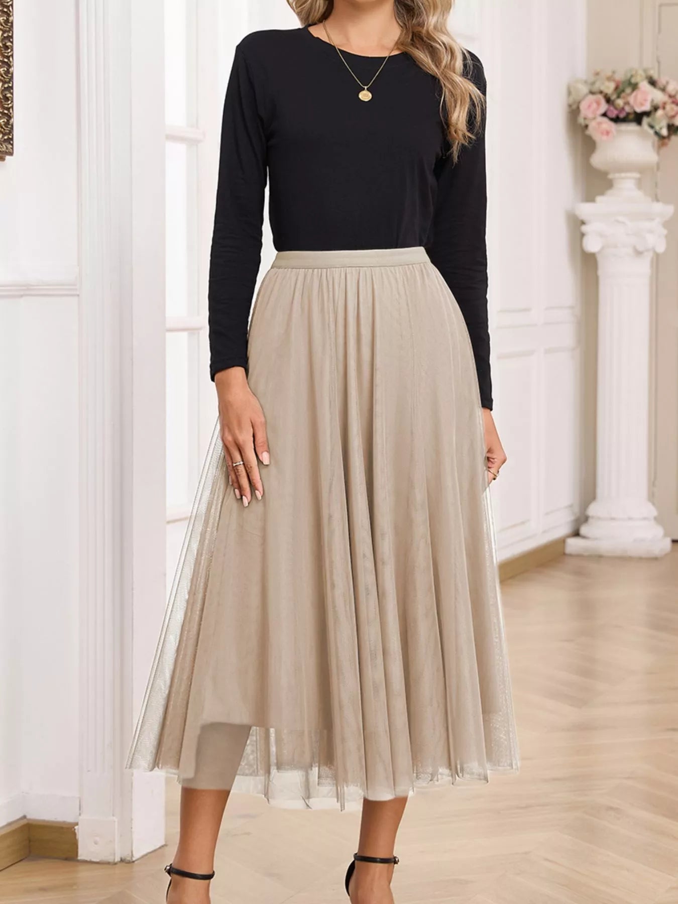 Trendsi Tulle Mesh Overlay Flared Midi Skirt -