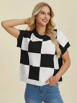 Trendsi Double Take Full Size Checkered Round Neck Short Sleeve Sweater -