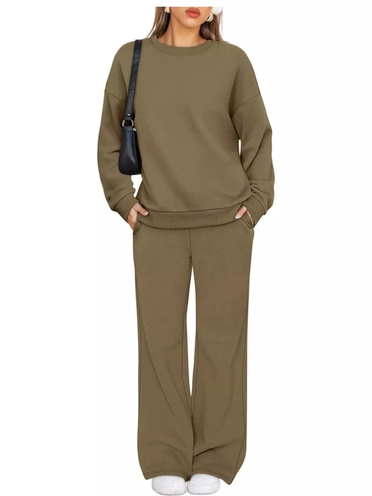Crewneck Drop Shoulder Sweatshirt and Wide-Leg Pants Set — front view
