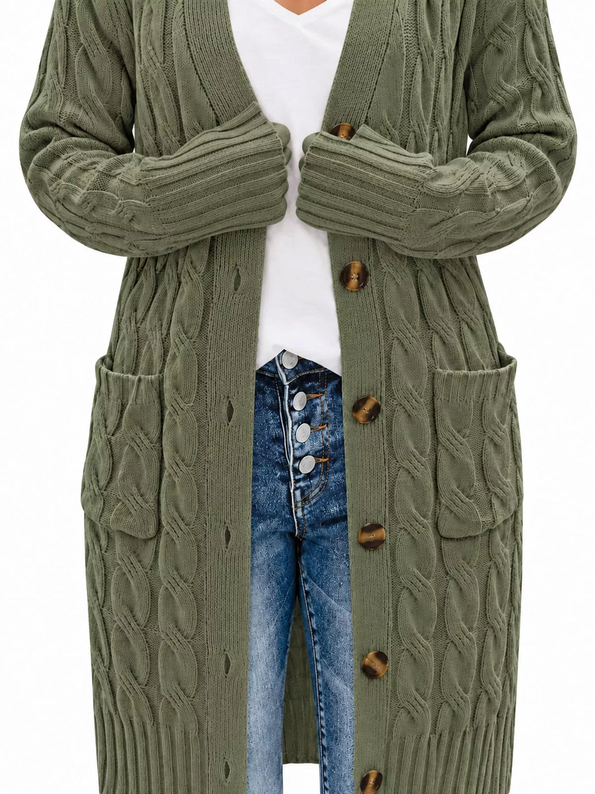 Cable Knit Button-Down Cardigan with Pockets — garment construction details