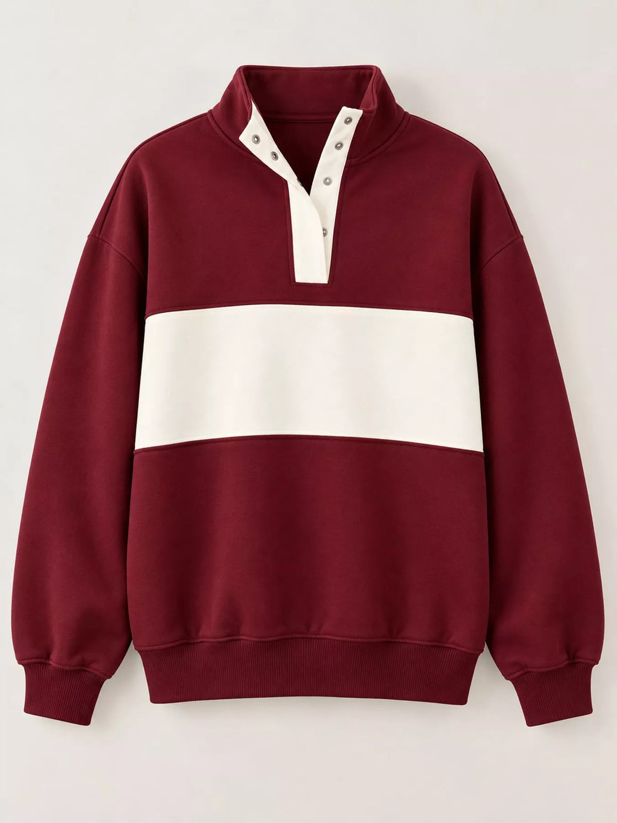 Burgundy and cream color block snap-button sweatshirt