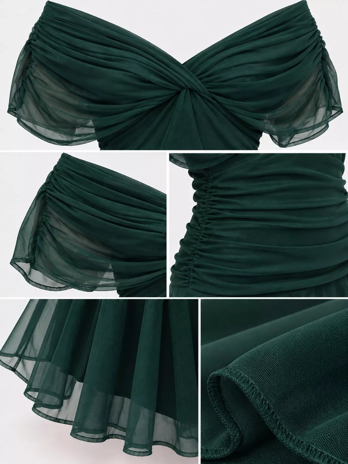 Green off shoulder ruched tulle evening dress, detail view