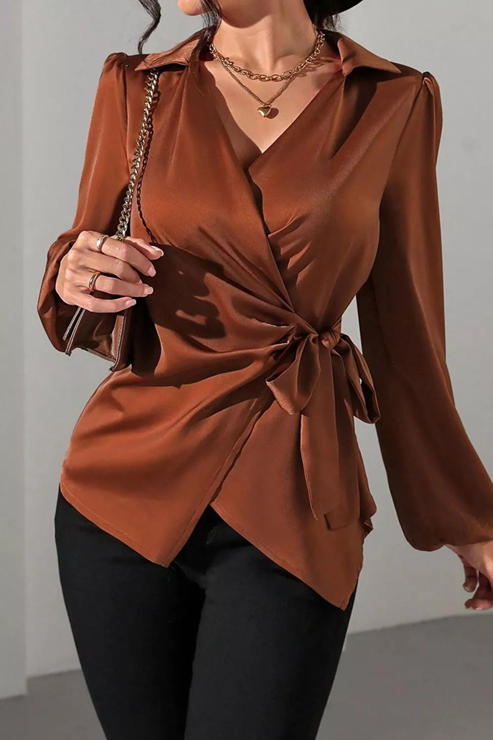 Trendsi Satin Tied Detail Long Sleeve Blouse -