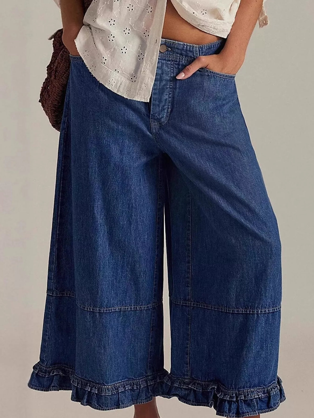 Blue wide-leg ruffle-hem jeans