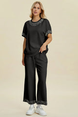Trendsi Double Take Full Size Pearl Detail Round Neck Top and Pants Set -
