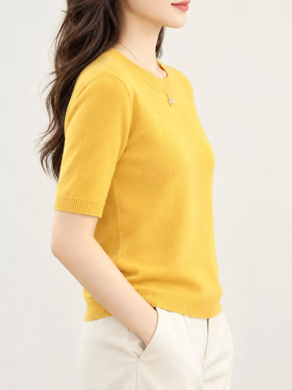 Mustard Yellow round neck short-sleeve sweater