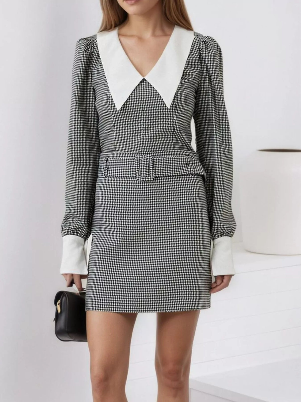 Black Contrast Collar Houndstooth Mini Dress front view