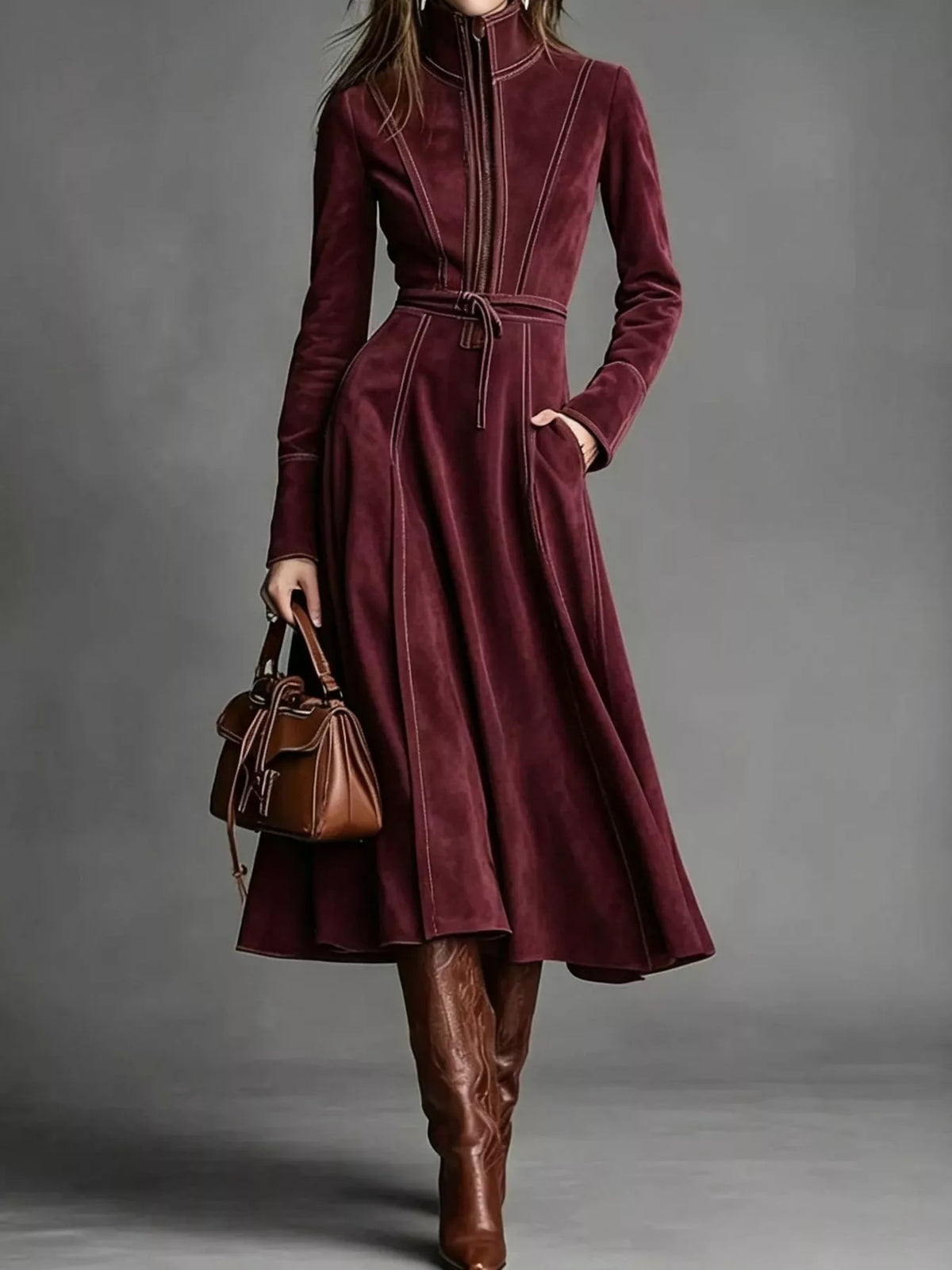 Burgundy zipper front midi dress, front view