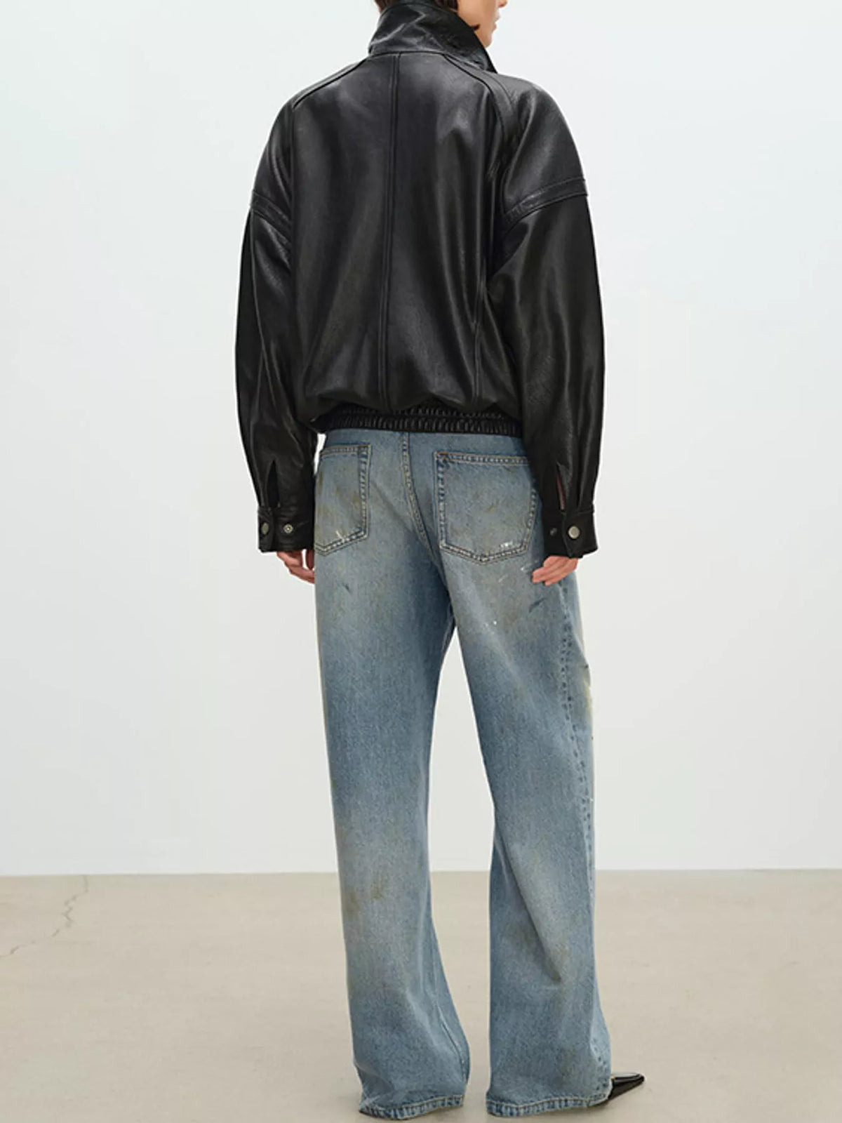 Snap Down Leather Jacket in black, back view