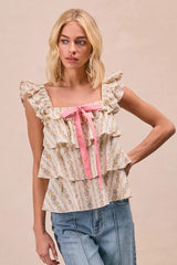 Trendsi BiBi Floral Printed Woven Front Bow Tied Ruffled Square Neck Sleeveless Top -