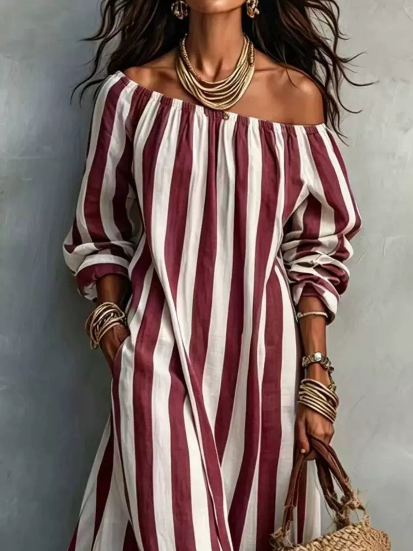 Trendsi Off-Shoulder Striped Dress with Pockets -