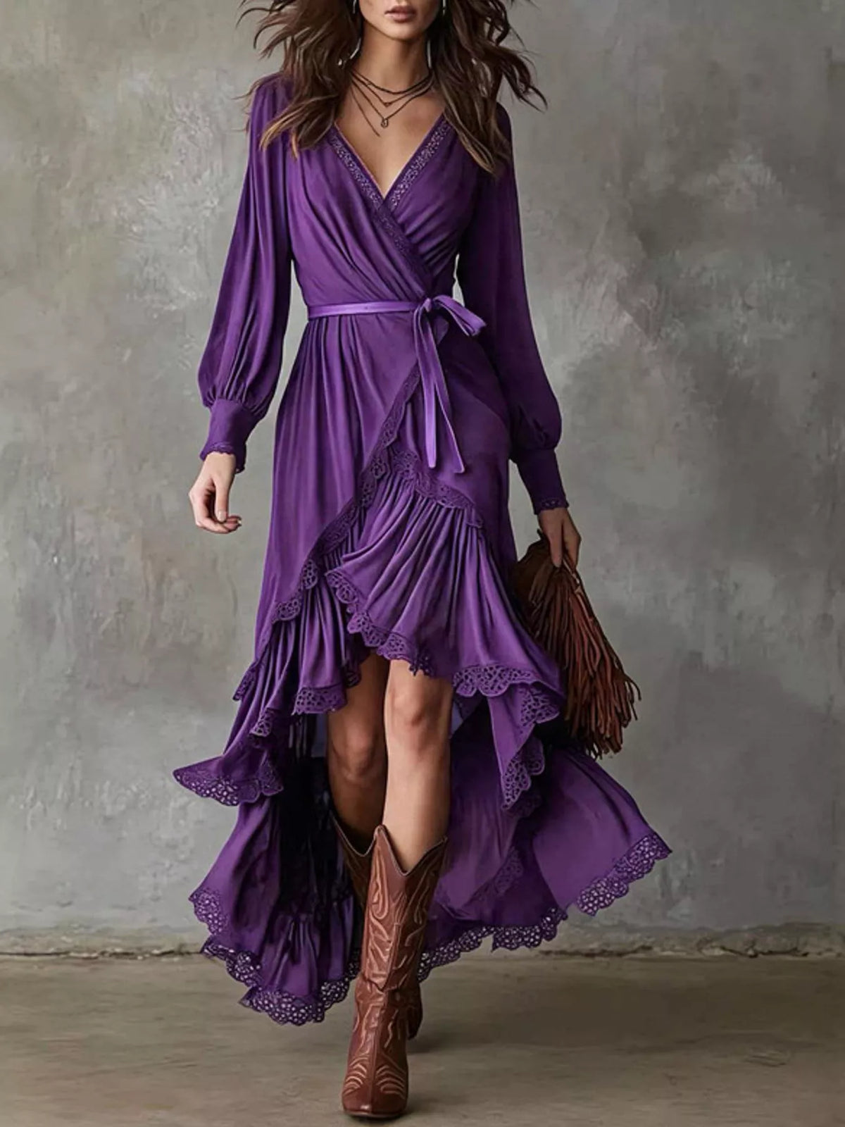 High-Low Hem Surplice Dress in purple