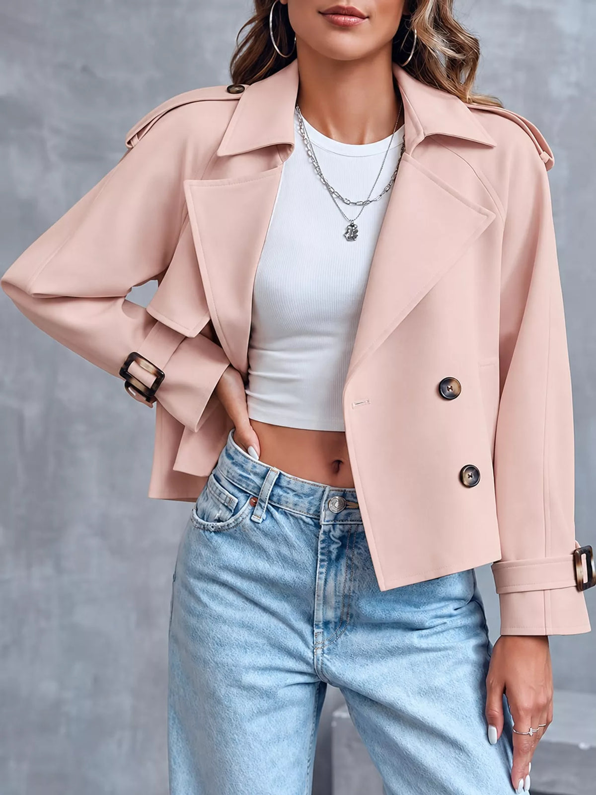 Women's Double-Breasted Cropped Trench Coat in pink — front view