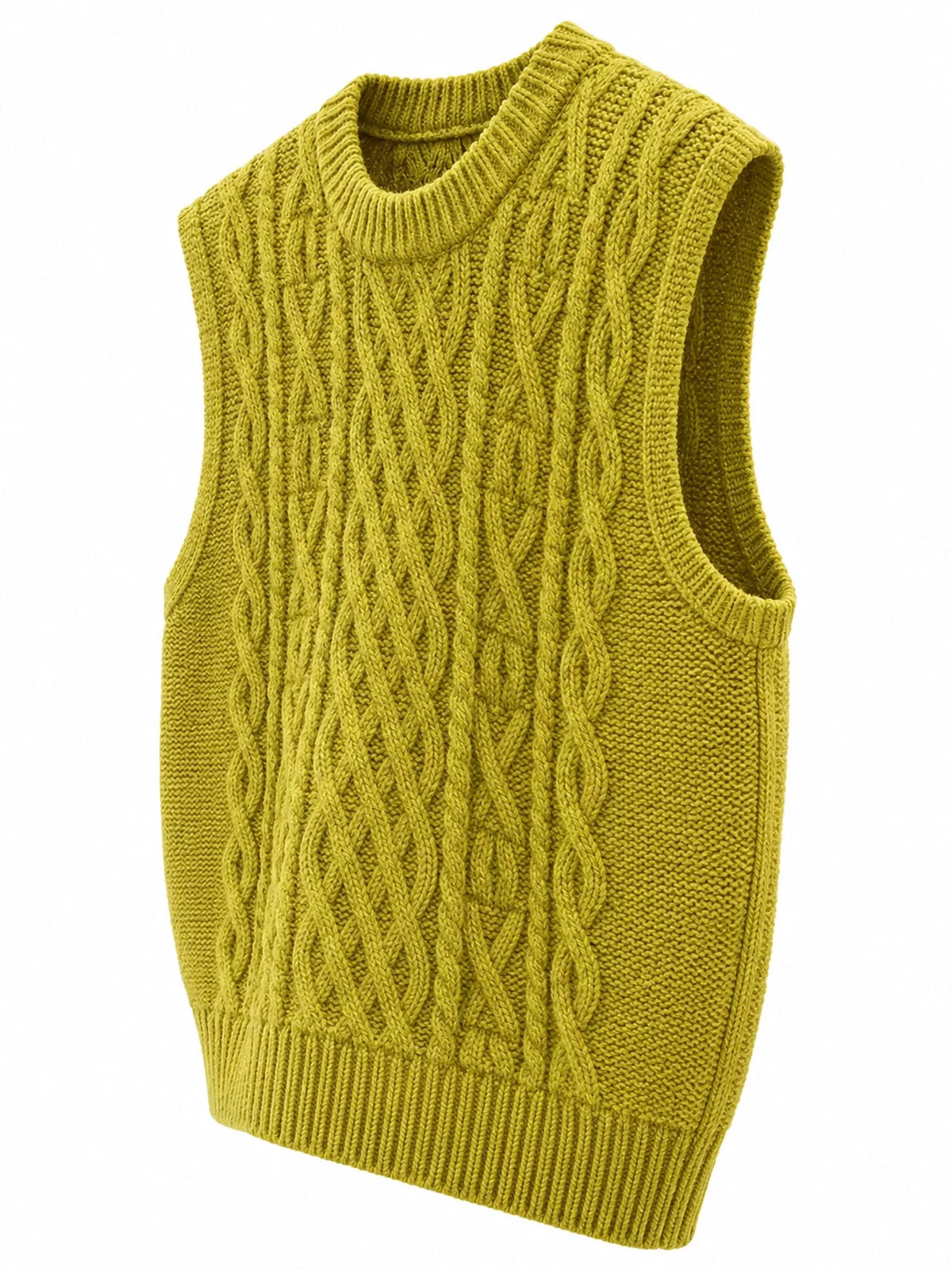 Yellow cable-knit sweater vest, side view
