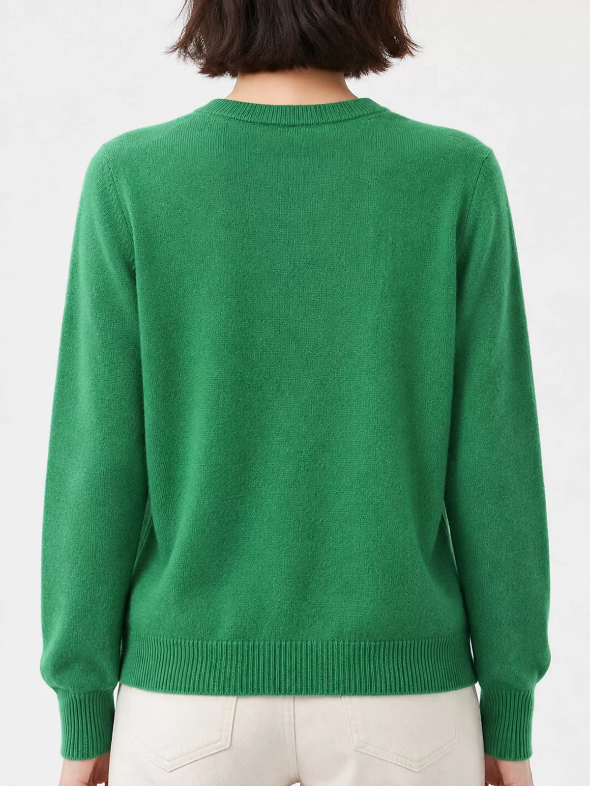 Green crew neck button-front cardigan, back view