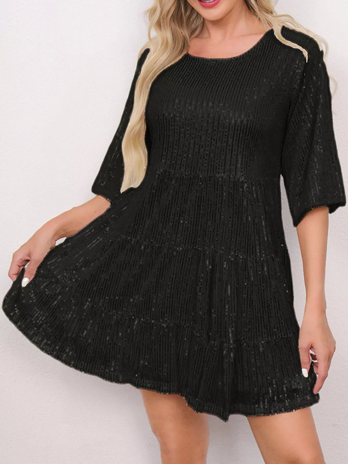 Round neck 3/4 sleeve mini dress, front view on model