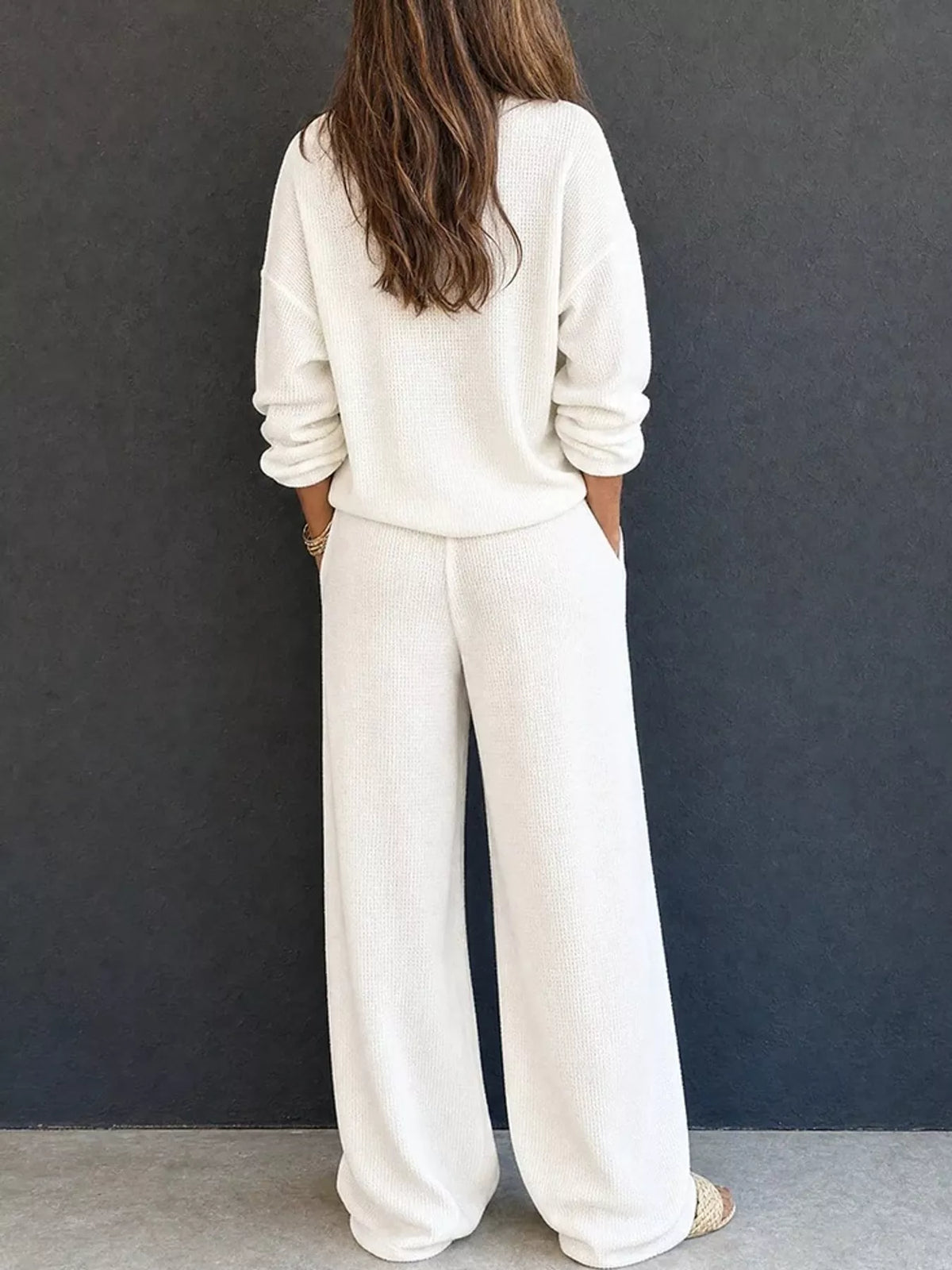 White waffle knit button detail top and pants set, back view
