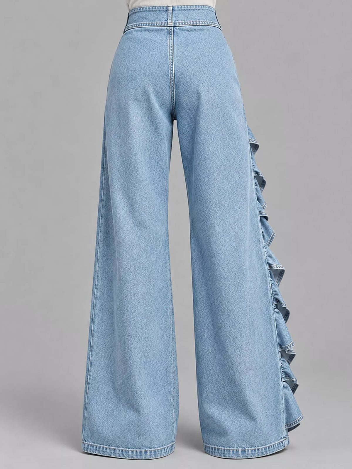 Asymmetrical Ruffled Wide-Leg Jeans, back view in light blue