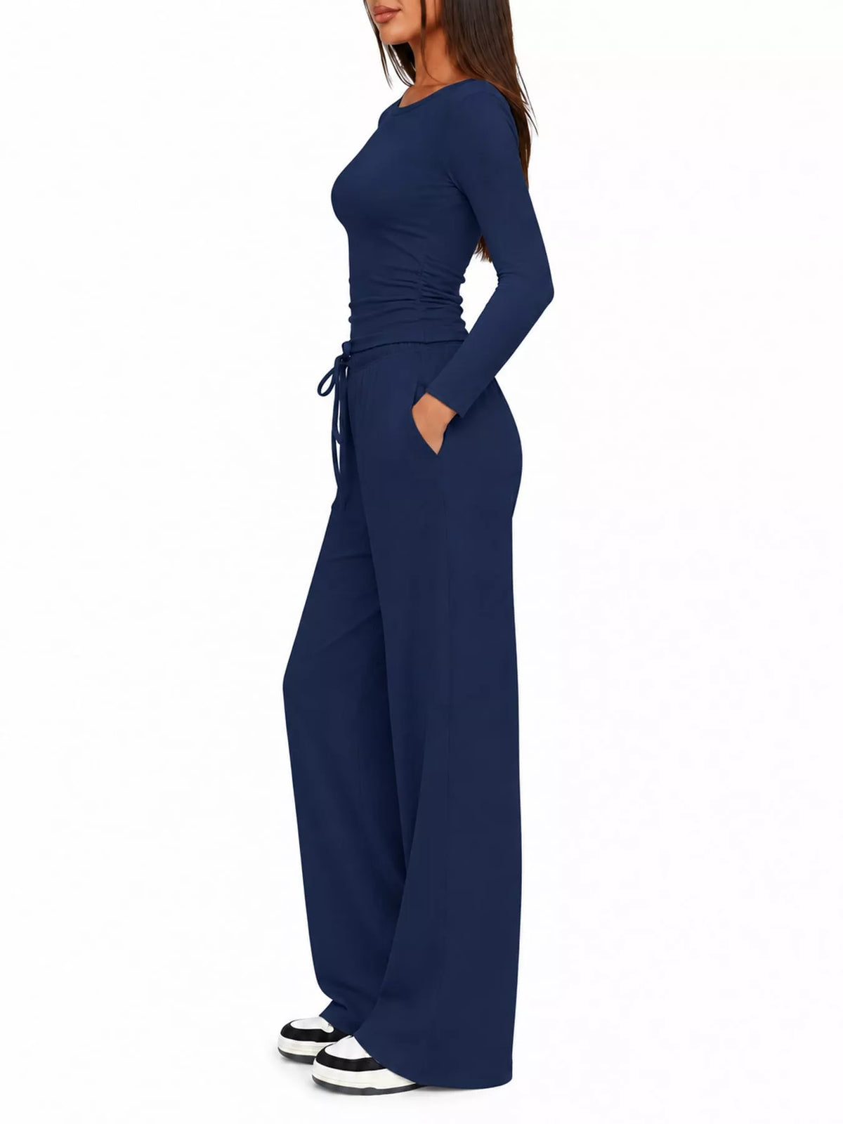 Long Sleeve Top and Wide-Leg Drawstring Pants Set — side view