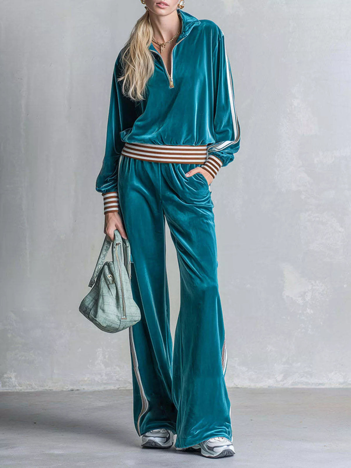 Teal striped half-zip top and pants set, front view
