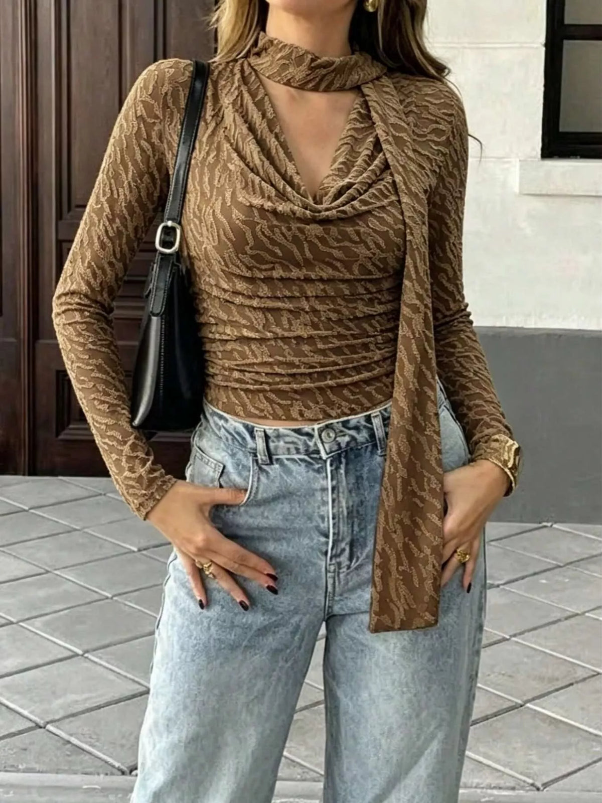 Women's Textured Cowl Neck Long Sleeve Blouse with Scarf Detail in brown — front view