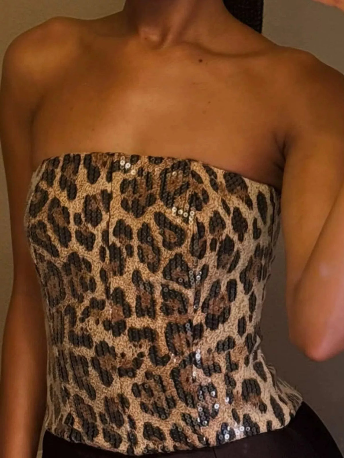 strapless top, front view on model