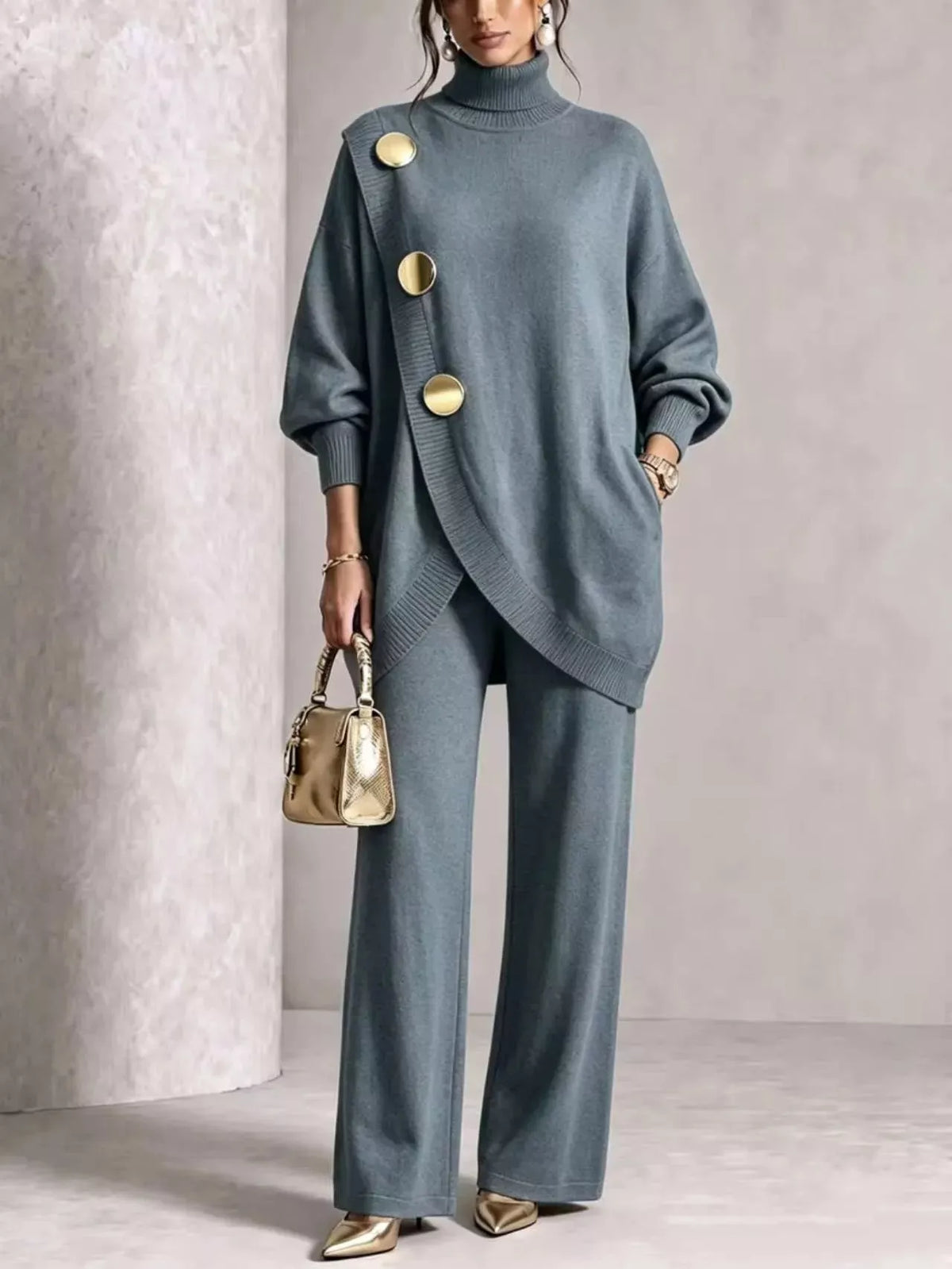 Turtleneck Asymmetric Sweater and Pants Set, front view