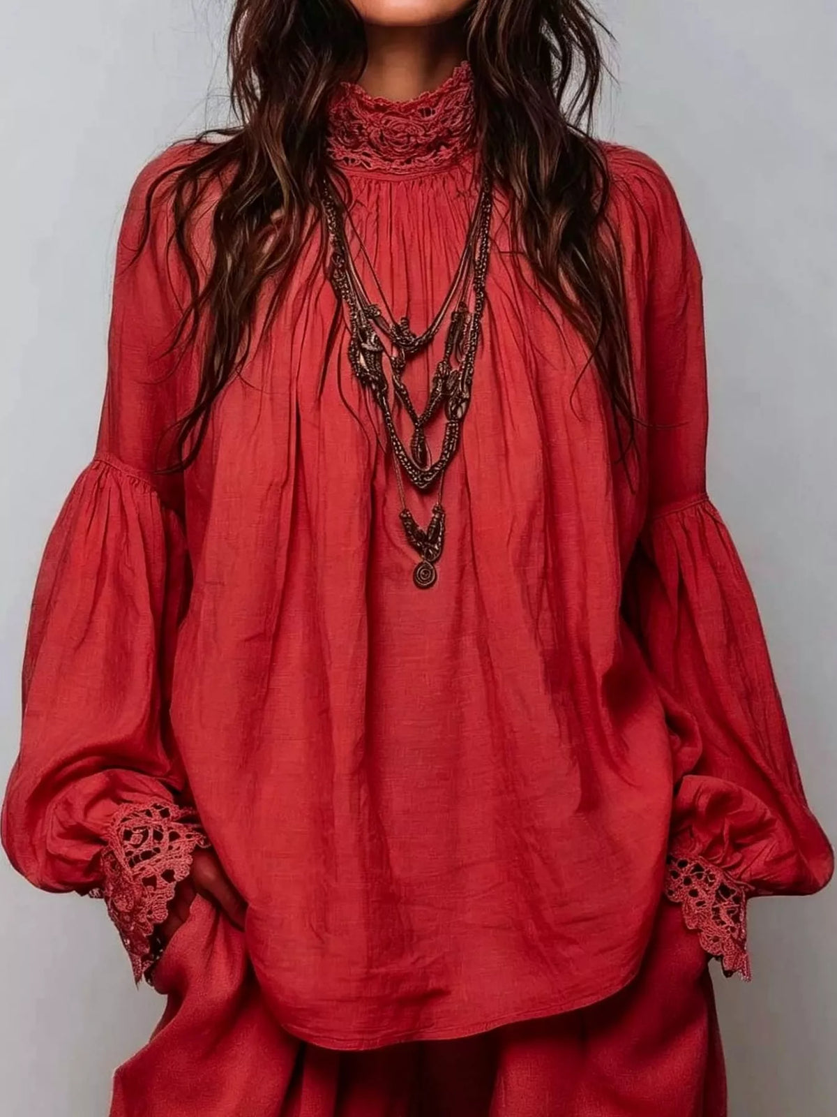 Red lace mock neck long sleeve blouse