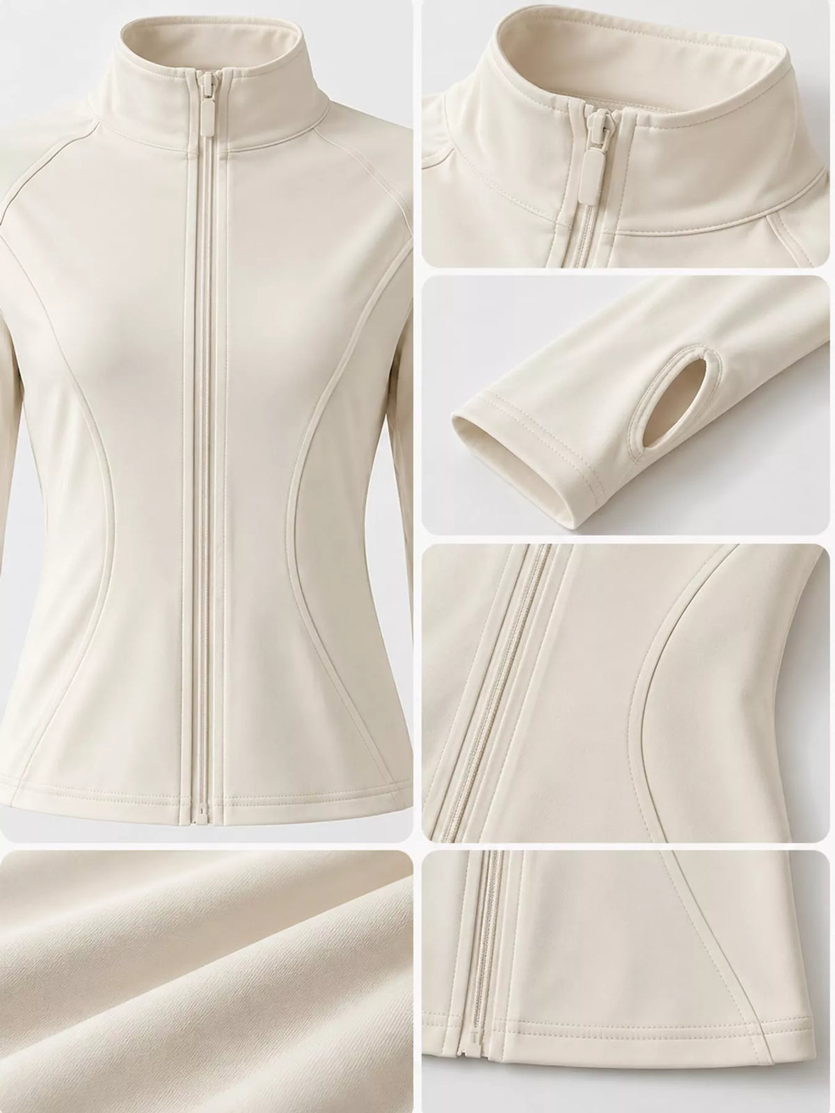 Cream quick-dry zip-up jacket, collar, zipper, thumbhole cuffs, and hem close-ups