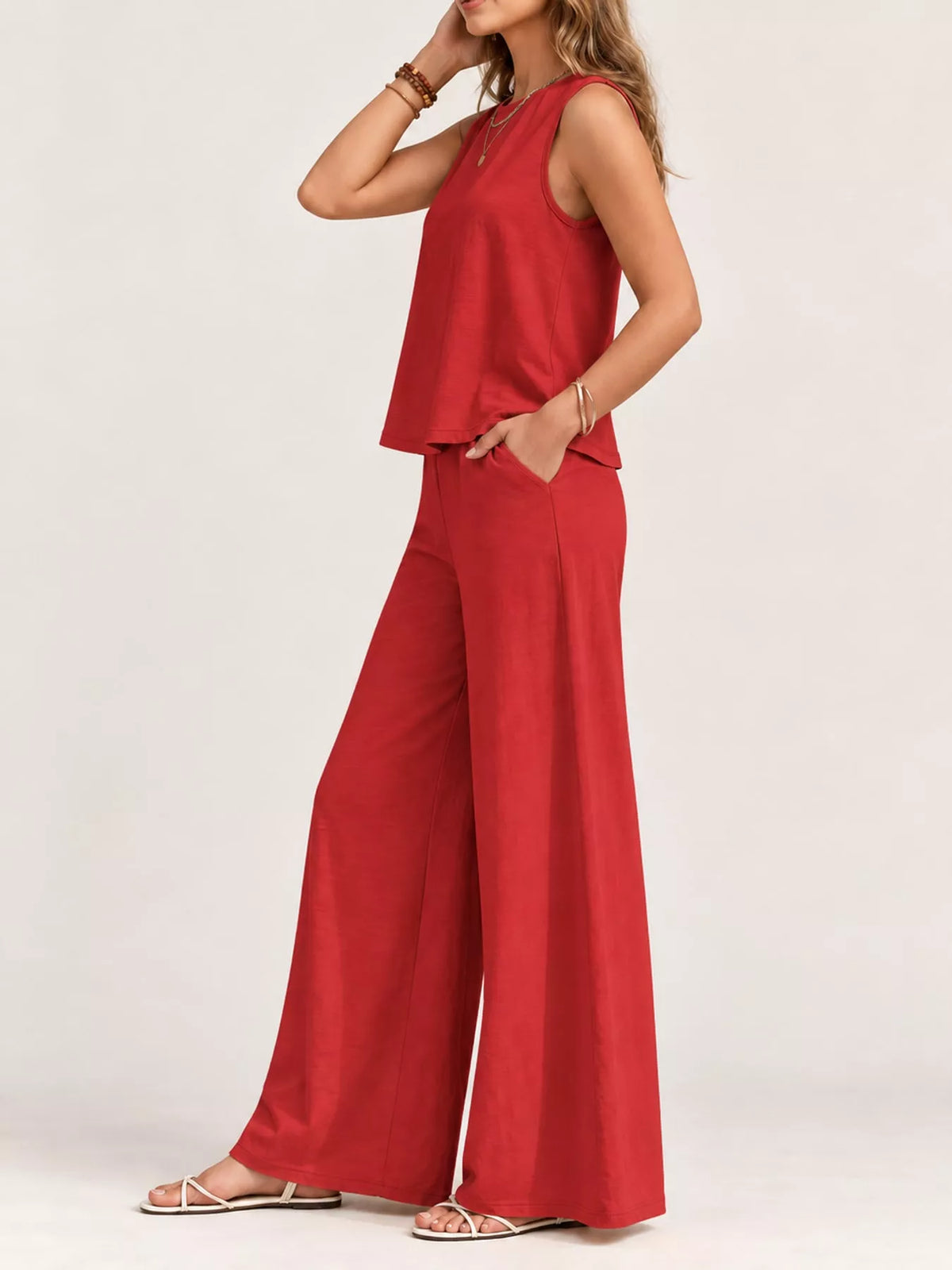 Sleeveless Tank Top and Wide-Leg Pants Set — side view