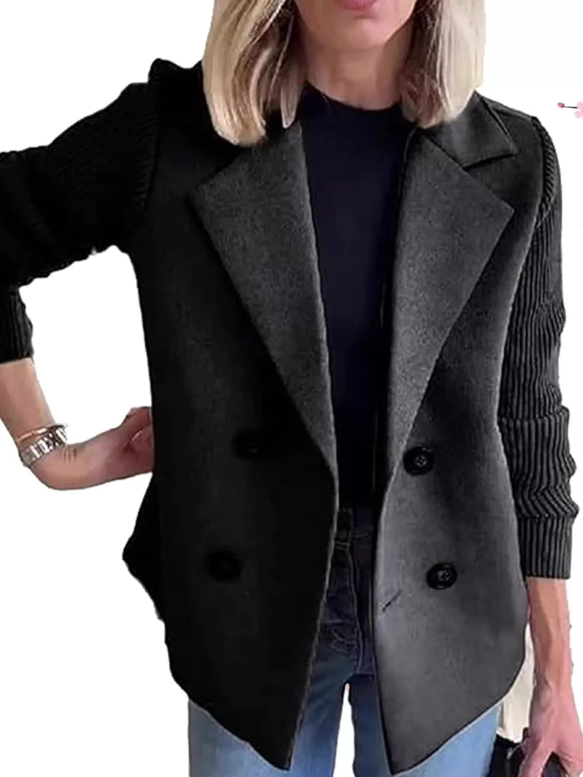 Black double-breasted blazer with ribbed knit sleeves