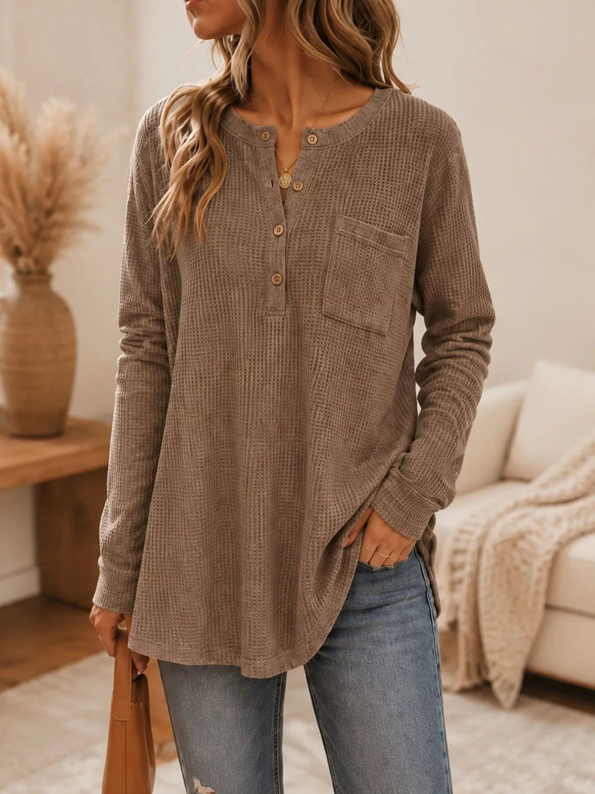 Taupe waffle-knit button-detail top, front view