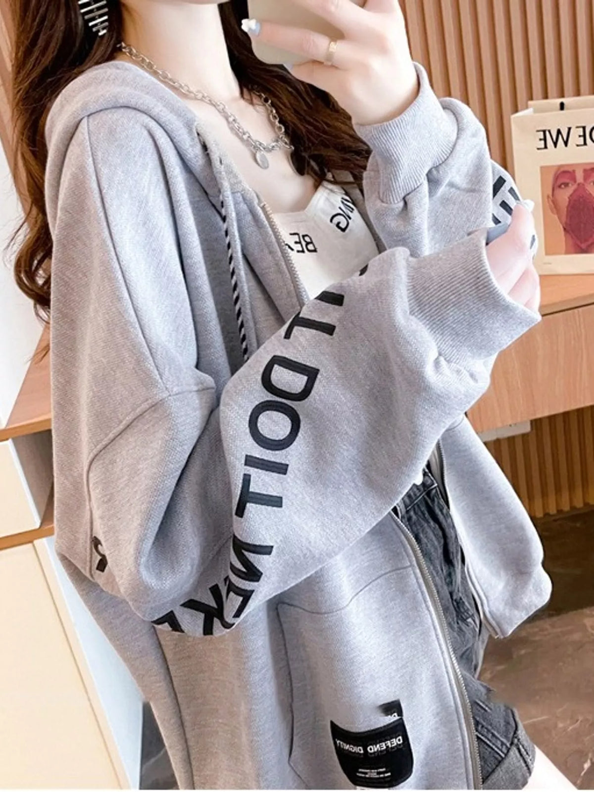 Oversized Zip-Up Hoodie with Letter Print — side view
