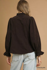 Trendsi Umgee Corduroy Ruffle Shirt with Long Puff Sleeves -