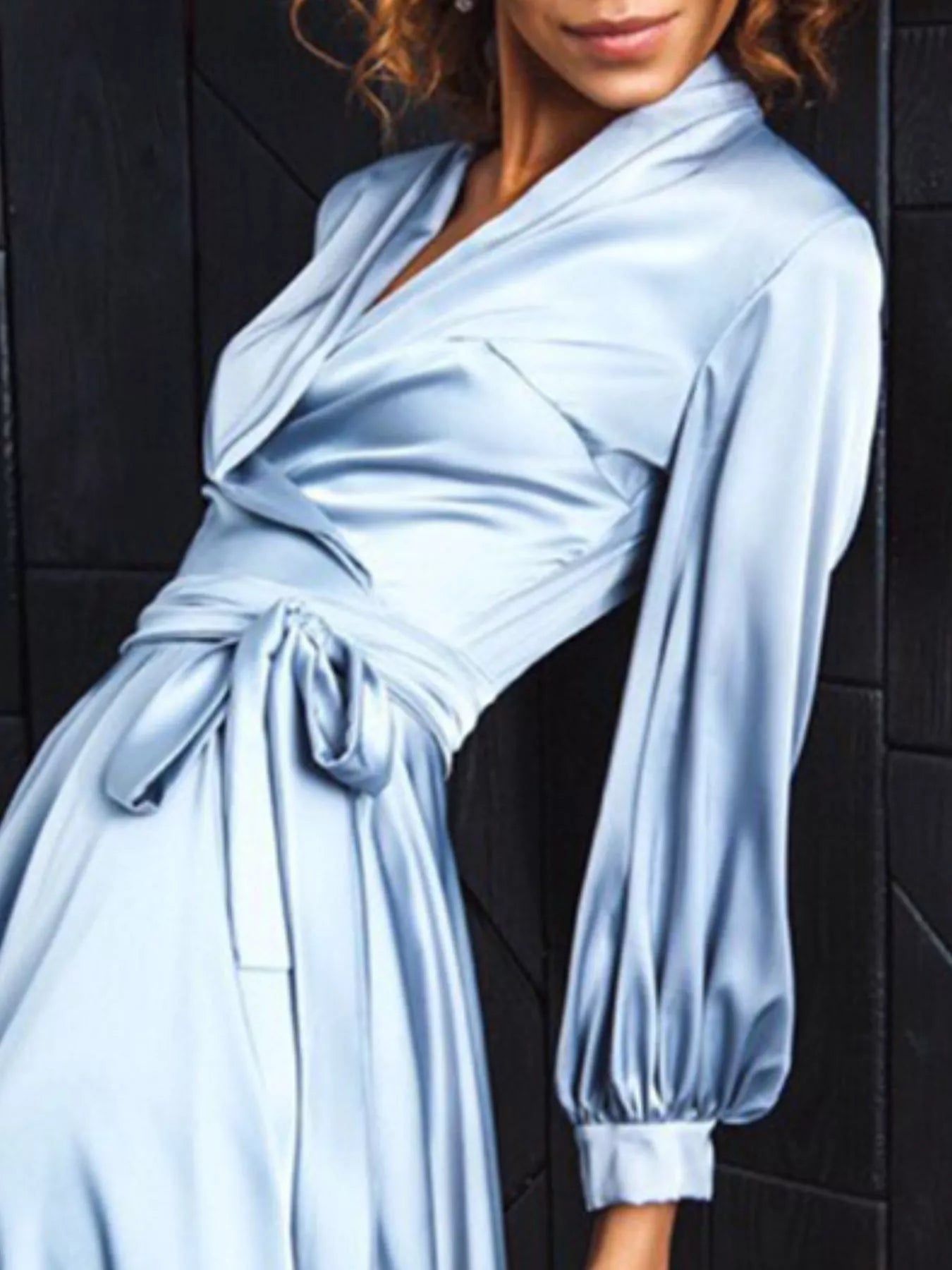 Trendsi Satin Surplice Long Sleeve Mini Dress -